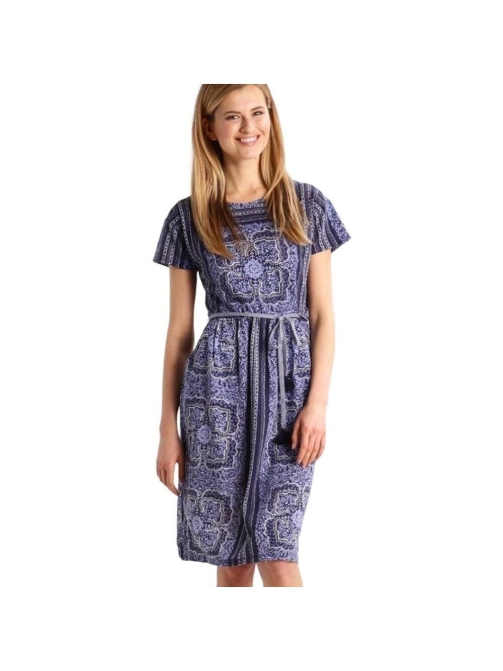 WHITE STUFF Blue Tile Indian Summer Dress  Poly / Linen Blend (No Belt) US Sz 6